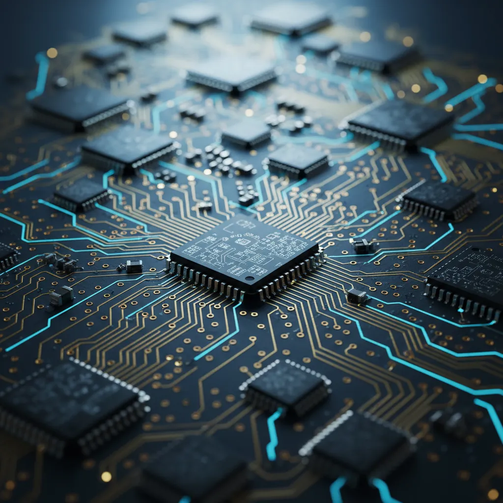 Circuit électronique complexe avec des lignes brillantes entrelacées en bleu et or, microchips scintillants gravés avec précision