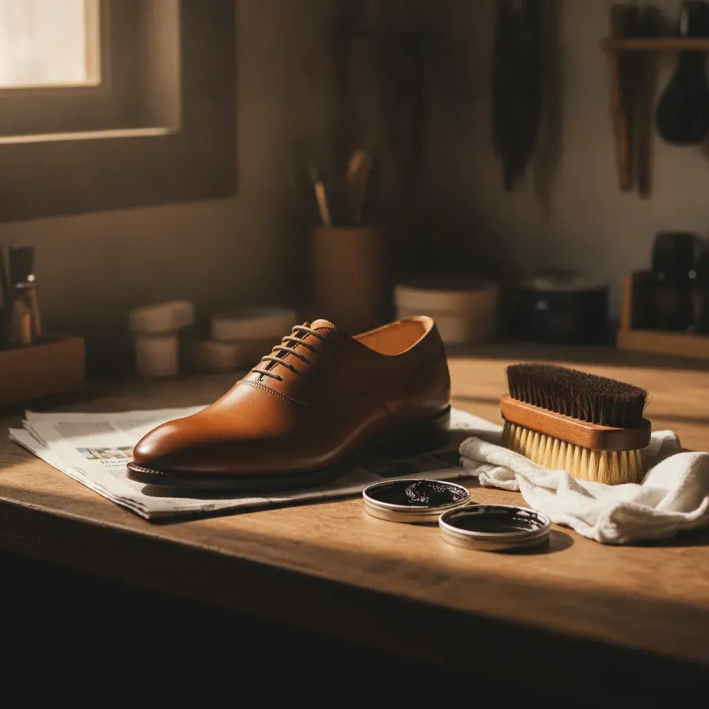 Brosse, chiffon et boîte de cirage posés à côté d'une chaussure en cuir