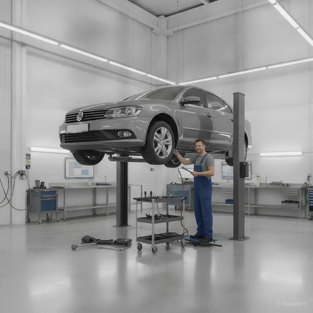 Voiture sur un pont élévateur dans un centre de contrôle technique
