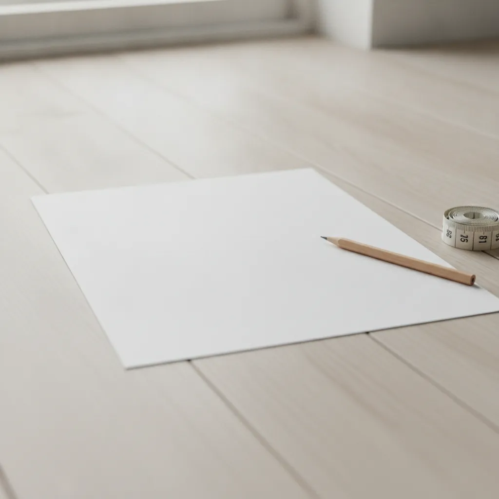 Feuille de papier et mètre ruban posés sur un parquet