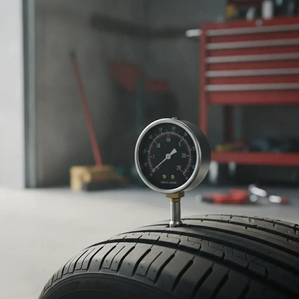 Manomètre appliqué sur la valve d'un pneu de voiture